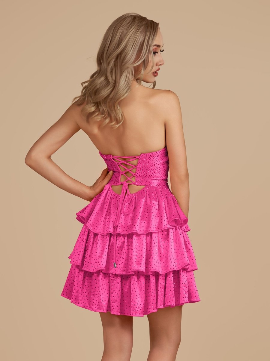 Cindra | Hot Pink - A Line Sweetheart Satin Cut Out Ruffled Homecoming Dress with Beads