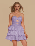 Cindra | Lavender - A Line Sweetheart Satin Cut Out Ruffled Homecoming Dress with Beads