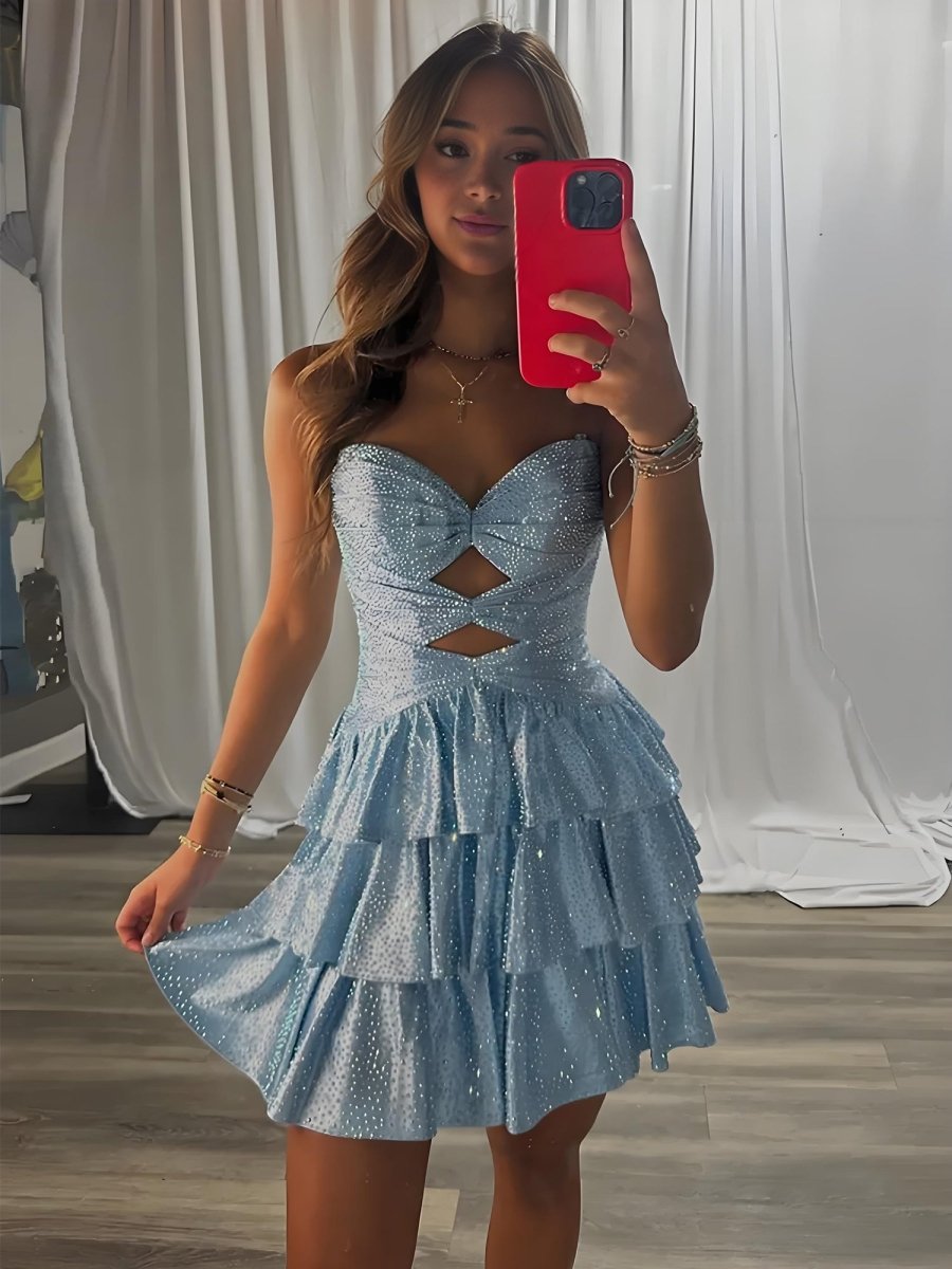 Cindra | Sky Blue - A Line Sweetheart Satin Cut Out Ruffled Homecoming Dress with Beads