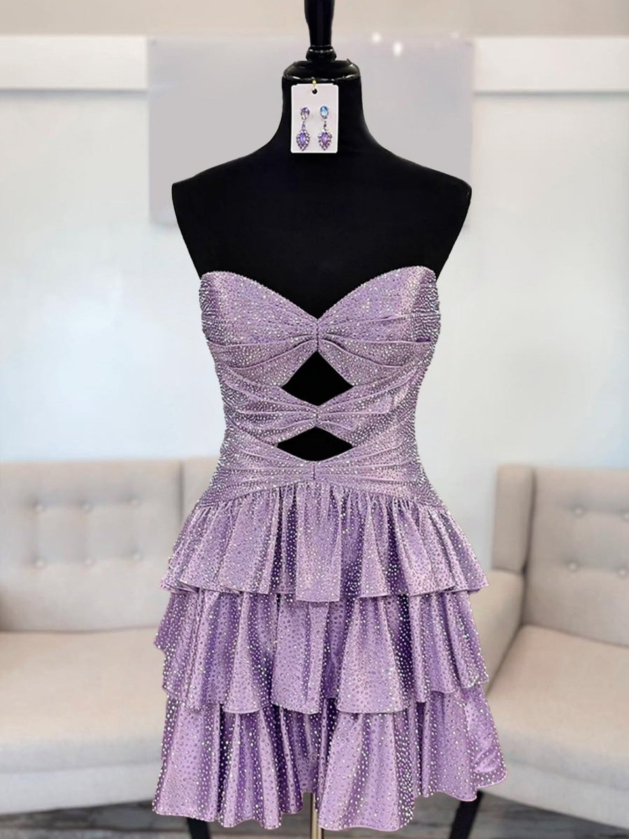 Cindra | Lilac - A Line Sweetheart Satin Cut Out Ruffled Homecoming Dress with Beads
