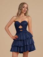 Cindra | Navy Blue - A Line Sweetheart Satin Cut Out Ruffled Homecoming Dress with Beads