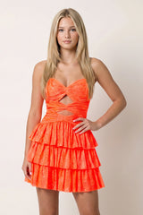 Orange A Line Sweetheart Satin Cut Out Ruffled Homecoming Dresses with Beads | KISSPROM