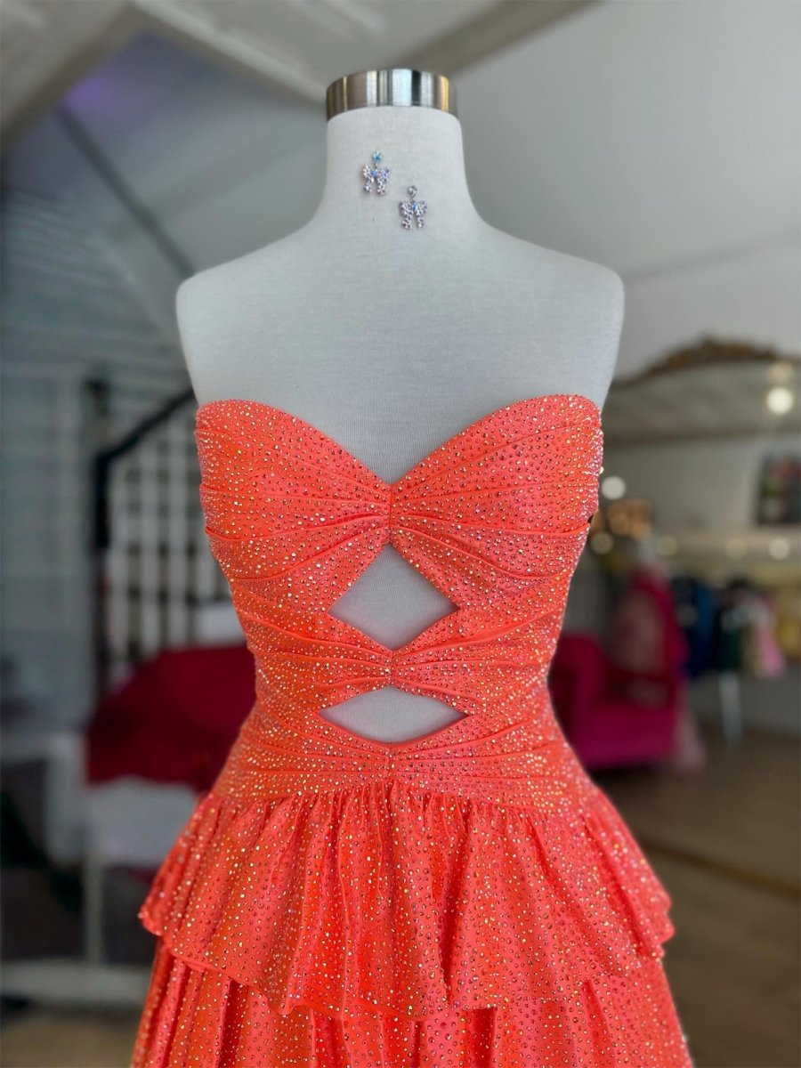 Cindra | Orange - A Line Sweetheart Satin Cut Out Ruffled Homecoming Dress with Beads