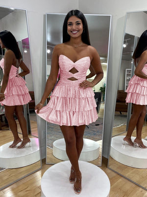 Cindra | Pink - A Line Sweetheart Satin Cut Out Ruffled Homecoming Dress with Beads