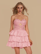 Cindra | Pink - A Line Sweetheart Satin Cut Out Ruffled Homecoming Dress with Beads