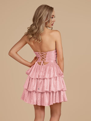 Cindra | Pink - A Line Sweetheart Satin Cut Out Ruffled Homecoming Dress with Beads