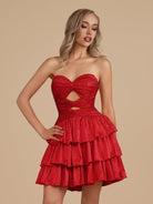 Cindra | Red - A Line Sweetheart Satin Cut Out Ruffled Homecoming & Cocktail Dresses with Beads