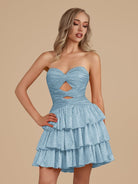 Cindra | Sky Blue - A Line Sweetheart Satin Cut Out Ruffled Homecoming Dress with Beads