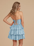 Cindra | Sky Blue - A Line Sweetheart Satin Cut Out Ruffled Homecoming Dress with Beads