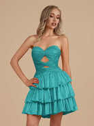 Cindra | Turquoise - A Line Sweetheart Satin Cut Out Ruffled Homecoming Dress with Beads