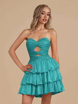 Cindra | Turquoise - A Line Sweetheart Satin Cut Out Ruffled Homecoming Dress with Beads