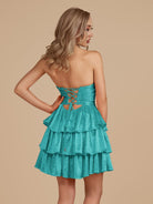 Cindra | Turquoise - A Line Sweetheart Satin Cut Out Ruffled Homecoming Dress with Beads