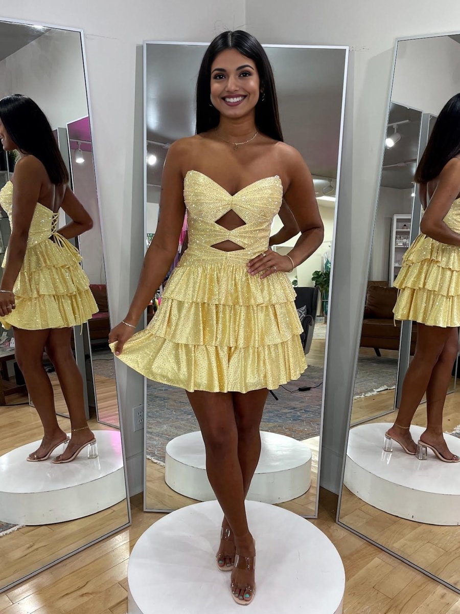 Cindra | Yellow - A Line Sweetheart Satin Cut Out Ruffled Homecoming Dress with Beads