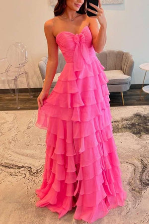 Cinizia | Chiffon Fuchsia Sweetheart Tiered Ruffles Prom Dress with Slit
