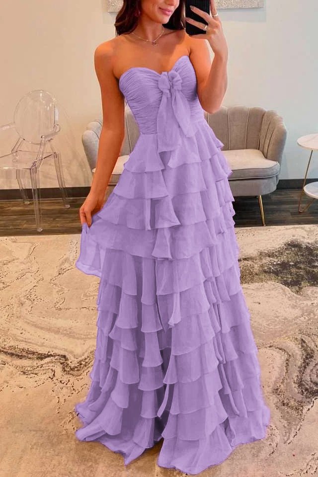 Cinizia | Chiffon Fuchsia Sweetheart Tiered Ruffles Prom Dress with Slit