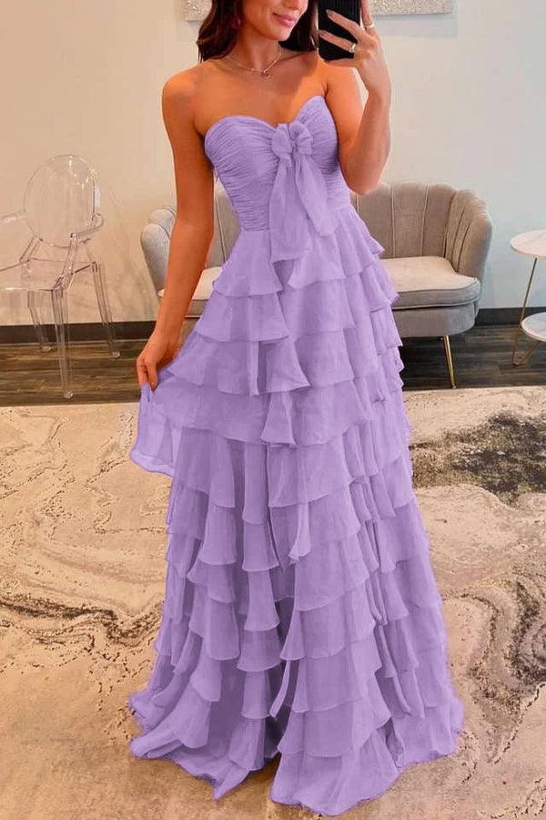 Cinizia | Chiffon Fuchsia Sweetheart Tiered Ruffles Prom Dress with Slit