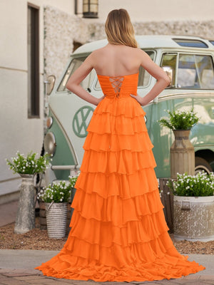 Cinizia | Chiffon Fuchsia Sweetheart Tiered Ruffles Prom Dress with Slit