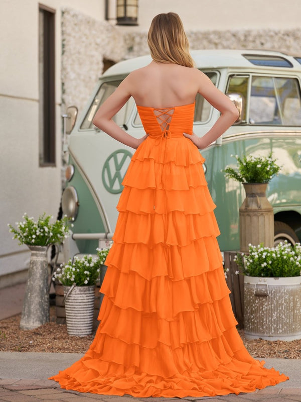 Cinizia | Chiffon Fuchsia Sweetheart Tiered Ruffles Prom Dress with Slit