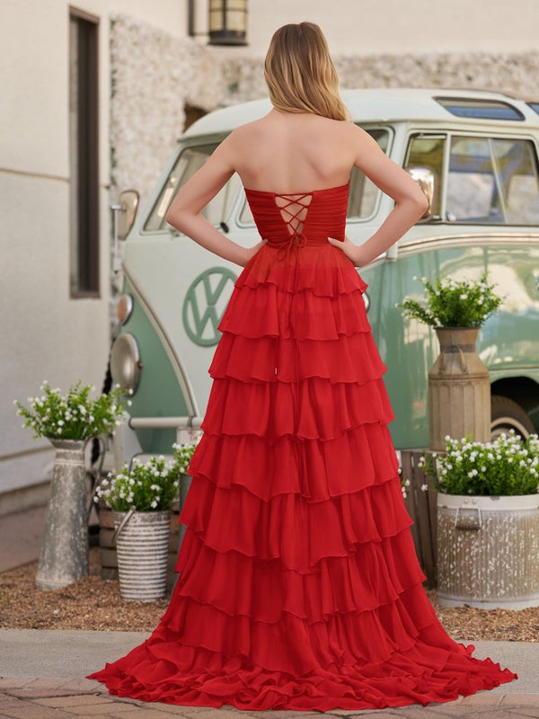 Cinizia | Chiffon Fuchsia Sweetheart Tiered Ruffles Prom Dress with Slit