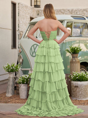 Cinizia | Chiffon Fuchsia Sweetheart Tiered Ruffles Prom Dress with Slit