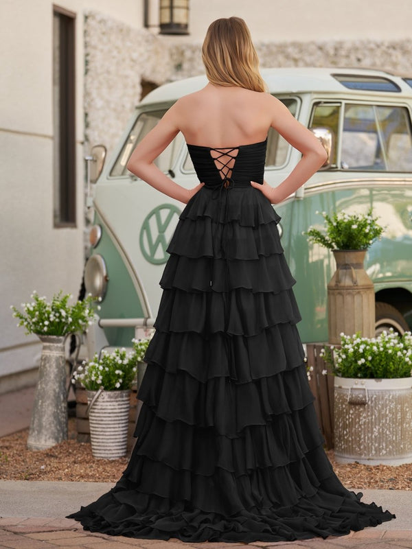 Cinizia | Chiffon Fuchsia Sweetheart Tiered Ruffles Prom Dress with Slit