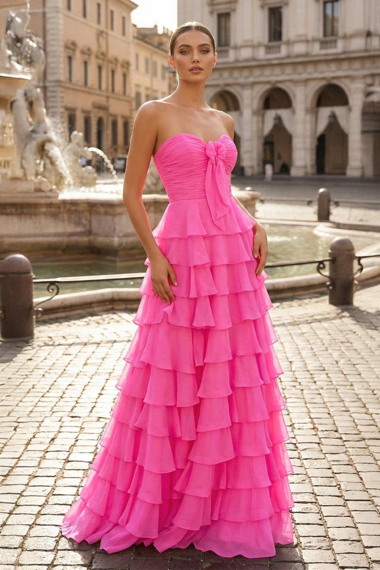 KissProm Chiffon Fuchsia Sweetheart Tiered Ruffles Prom Dress with Slit, Red / 14
