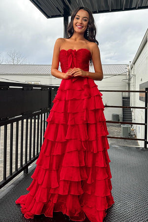 Cinizia | Chiffon Fuchsia Sweetheart Tiered Ruffles Prom Dress with Slit