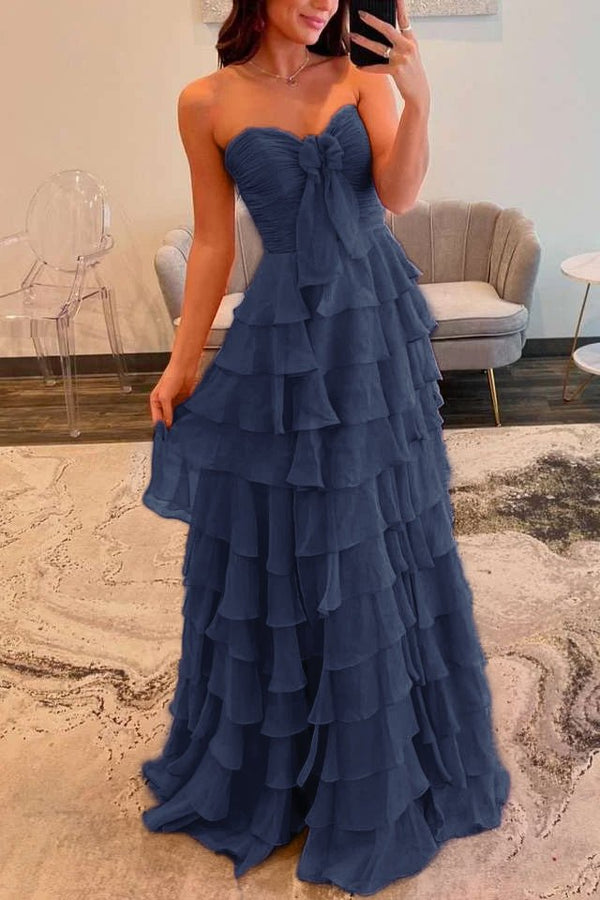 Cinizia | Chiffon Fuchsia Sweetheart Tiered Ruffles Prom Dress with Slit