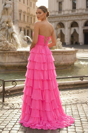 KissProm-Chiffon Fuchsia Sweetheart Tiered Ruffles Prom Dress with Slit