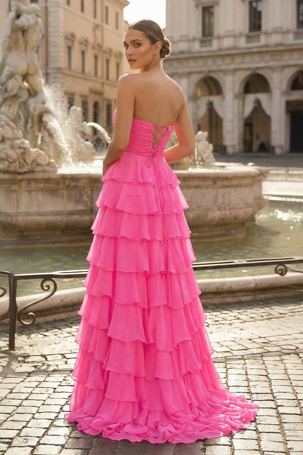 KissProm-Chiffon Fuchsia Sweetheart Tiered Ruffles Prom Dress with Slit