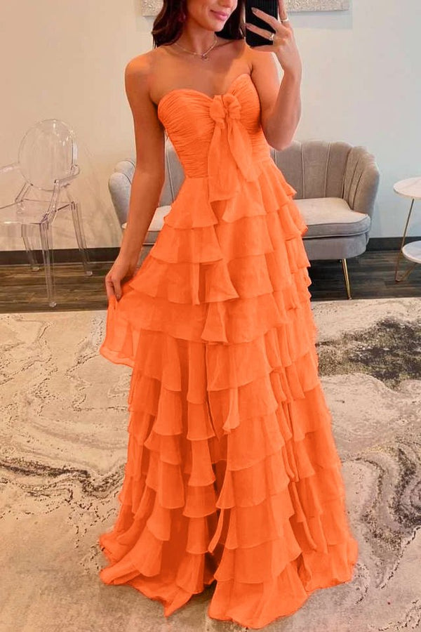 Cinizia | Chiffon Fuchsia Sweetheart Tiered Ruffles Prom Dress with Slit