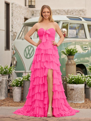 Cinizia | Chiffon Fuchsia Sweetheart Tiered Ruffles Prom Dress with Slit