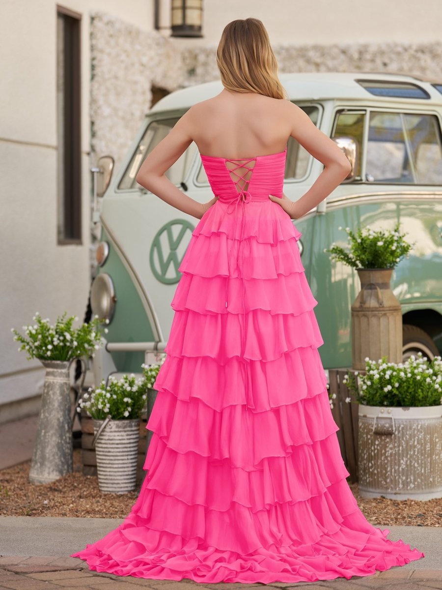 Cinizia | Chiffon Fuchsia Sweetheart Tiered Ruffles Prom Dress with Slit