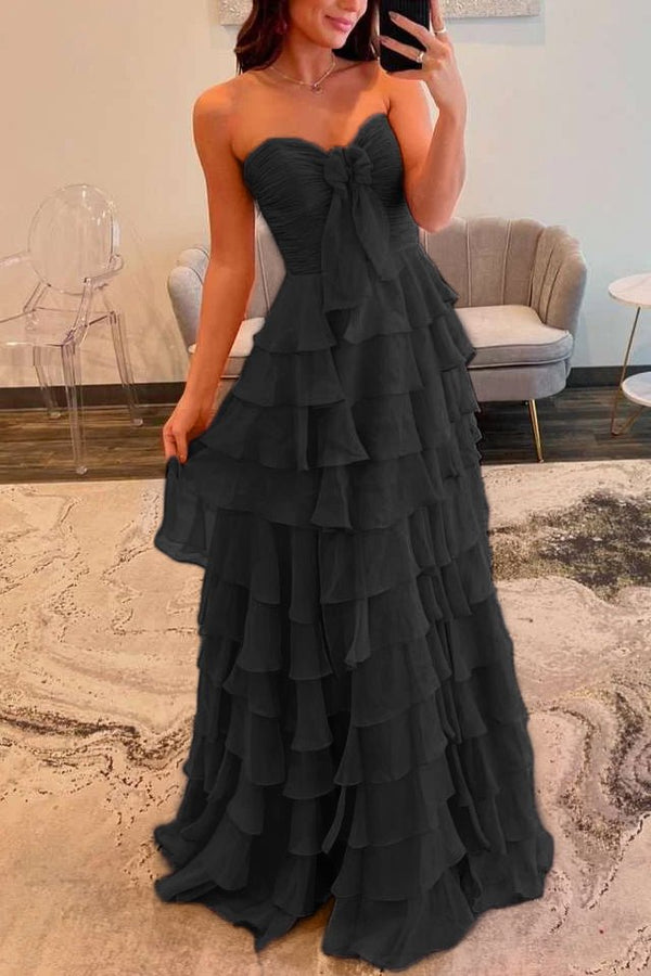 Cinizia | Chiffon Fuchsia Sweetheart Tiered Ruffles Prom Dress with Slit