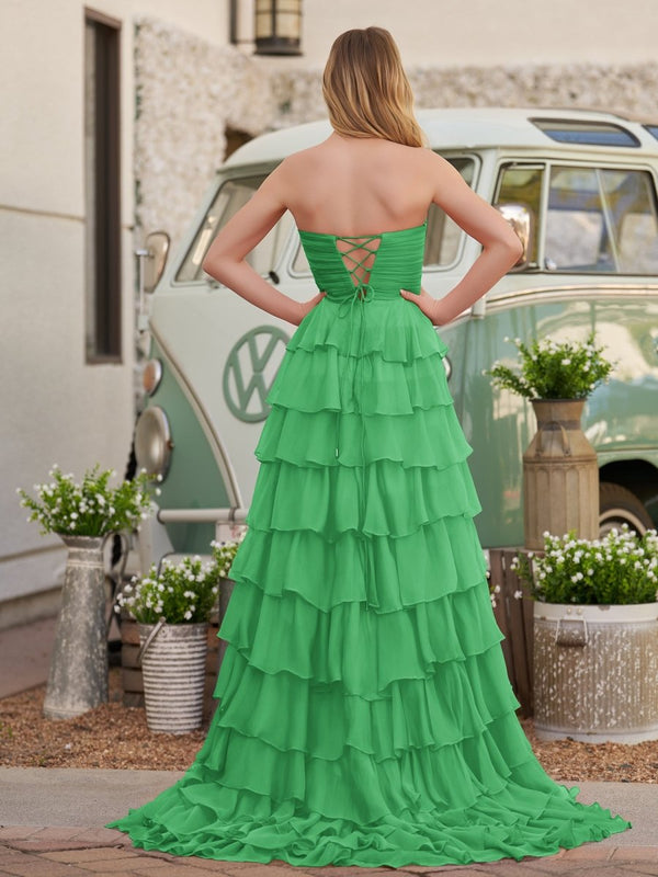 Cinizia | Chiffon Fuchsia Sweetheart Tiered Ruffles Prom Dress with Slit