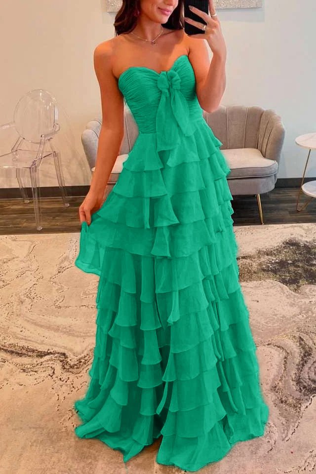 Cinizia | Chiffon Fuchsia Sweetheart Tiered Ruffles Prom Dress with Slit