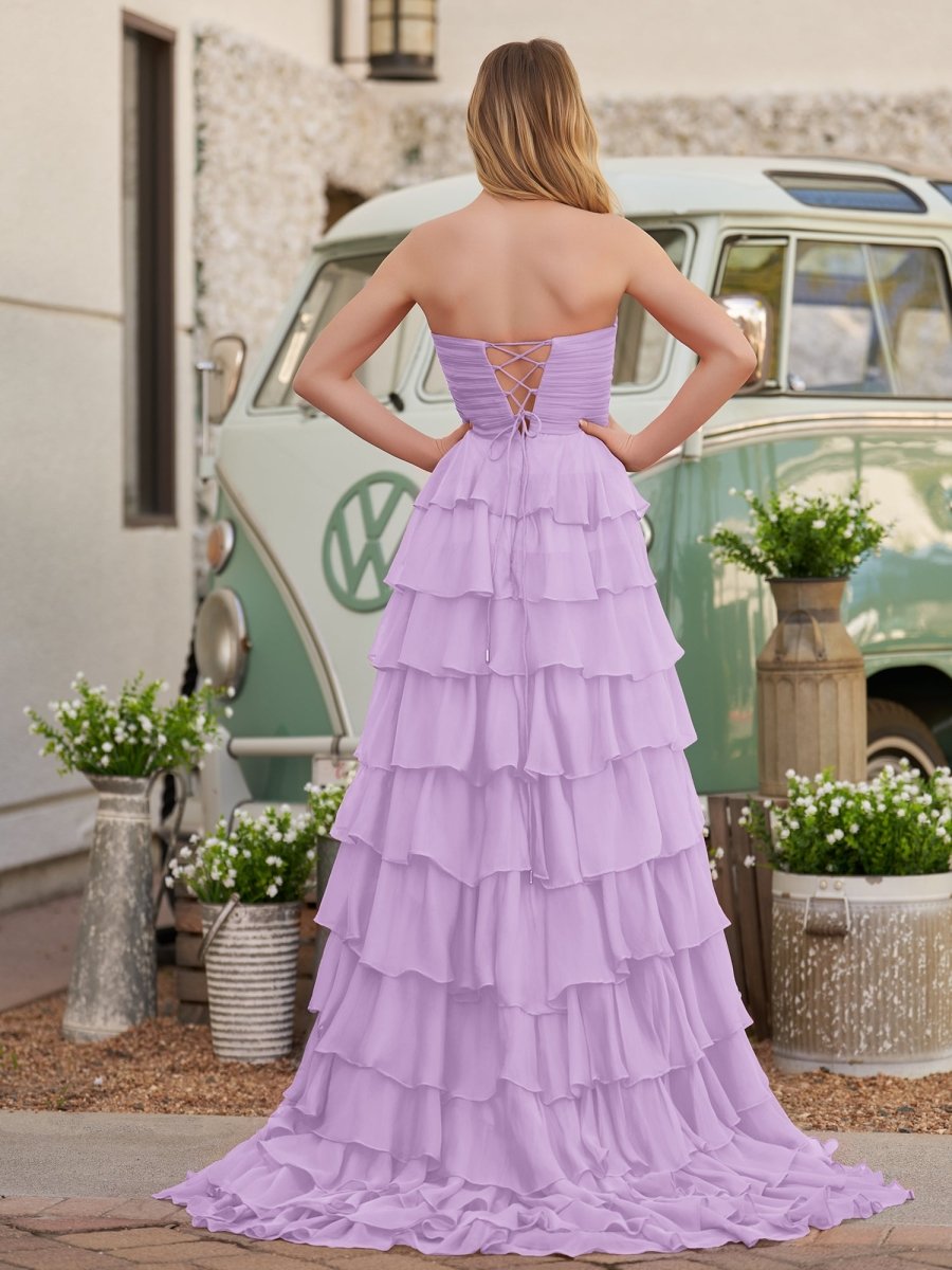 Cinizia | Chiffon Fuchsia Sweetheart Tiered Ruffles Prom Dress with Slit