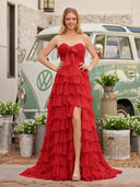 Cinizia | Chiffon Fuchsia Sweetheart Tiered Ruffles Prom Dress with Slit