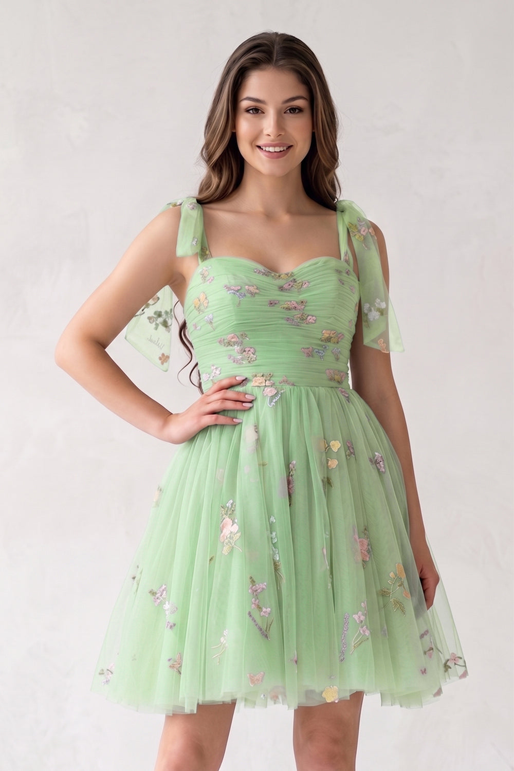 Green A Line Sweetheart Tulle Floral Short Homecoming Dress - KISSPROM