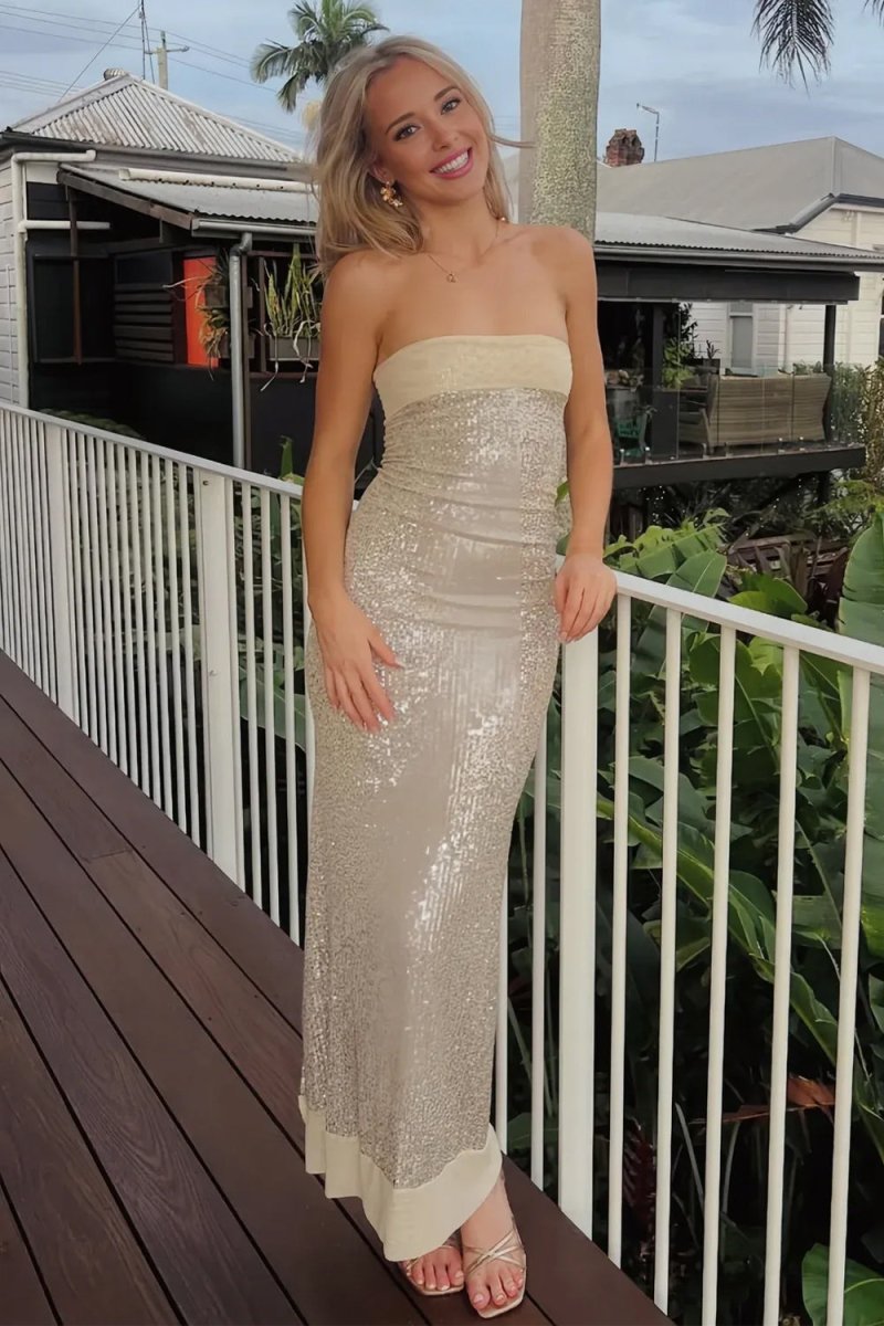 Clarin | Champagne - Sheath Strapless Sequined Long Prom Dresses - KissProm