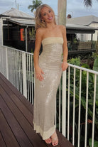 Clarin | Champagne - Sheath Strapless Sequined Long Prom Dresses - KissProm