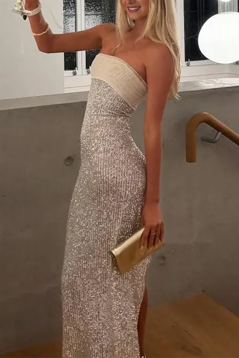 Clarin | Champagne - Sheath Strapless Sequined Long Prom Dresses - KissProm