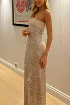 Clarin | Champagne - Sheath Strapless Sequined Long Prom Dresses - KissProm
