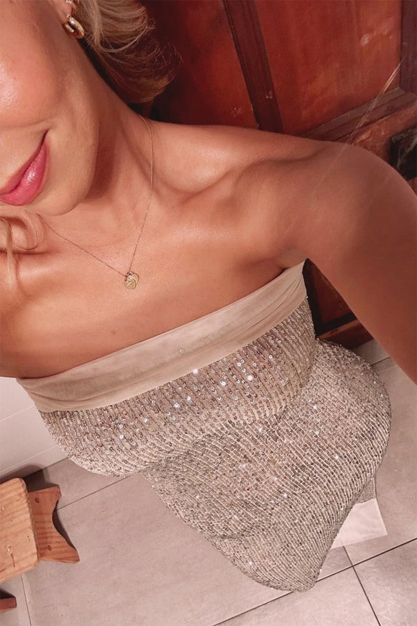 Clarin | Champagne - Sheath Strapless Sequined Long Prom Dresses - KissProm