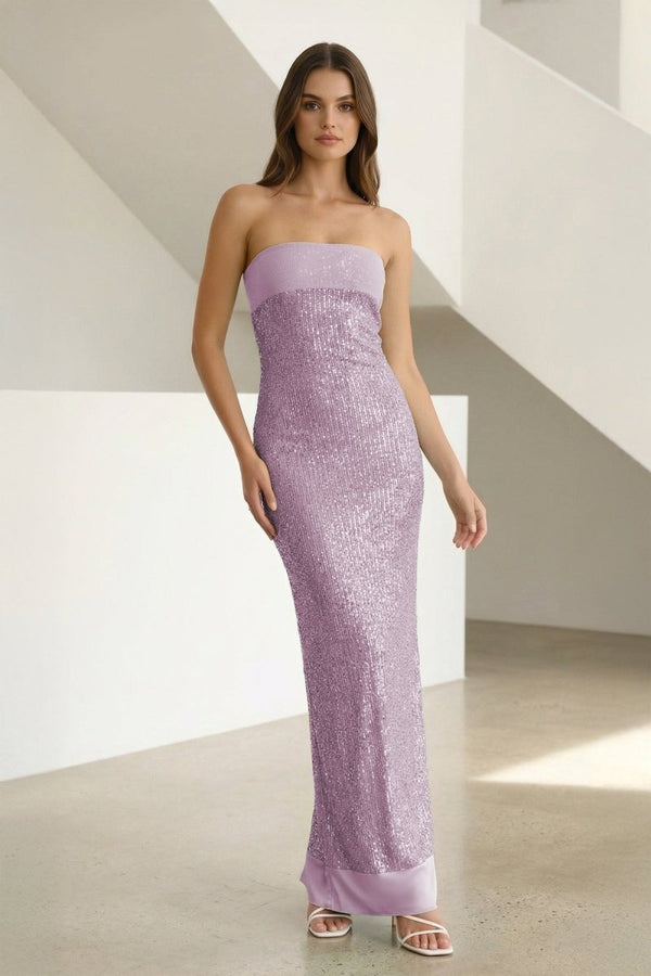 Clarin | Lavender - Sheath Strapless Sequined Long Prom Dresses - KissProm