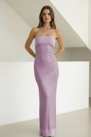 Clarin | Lavender - Sheath Strapless Sequined Long Prom Dresses - KissProm
