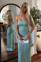 Clarin | Sage - Sheath Strapless Sequined Long Prom Dresses - KissProm