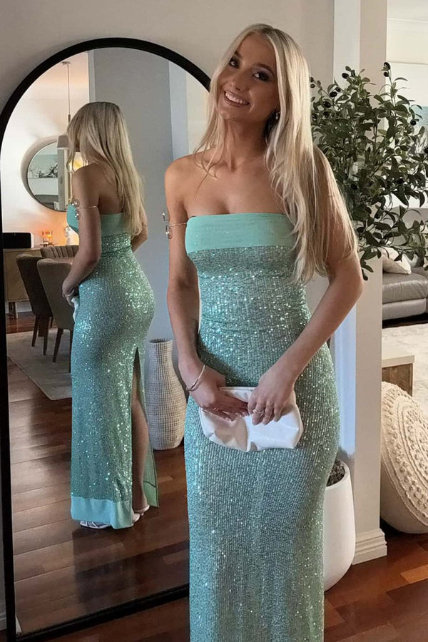 Clarin | Sage - Sheath Strapless Sequined Long Prom Dresses - KissProm