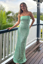 Clarin | Sage - Sheath Strapless Sequined Long Prom Dresses - KissProm