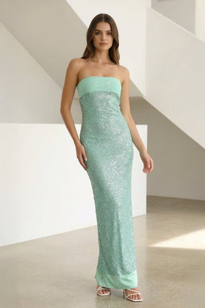 Clarin | Sage - Sheath Strapless Sequined Long Prom Dresses - KissProm